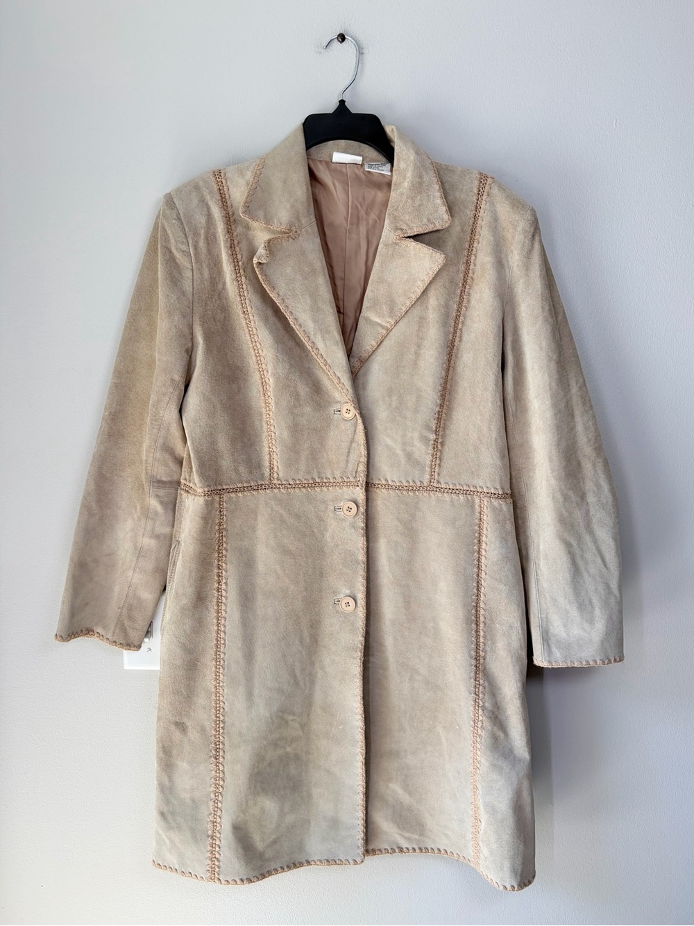 Newport News Vintage Light Tan Suede Leather Long Line Coat w Contrast Stitching